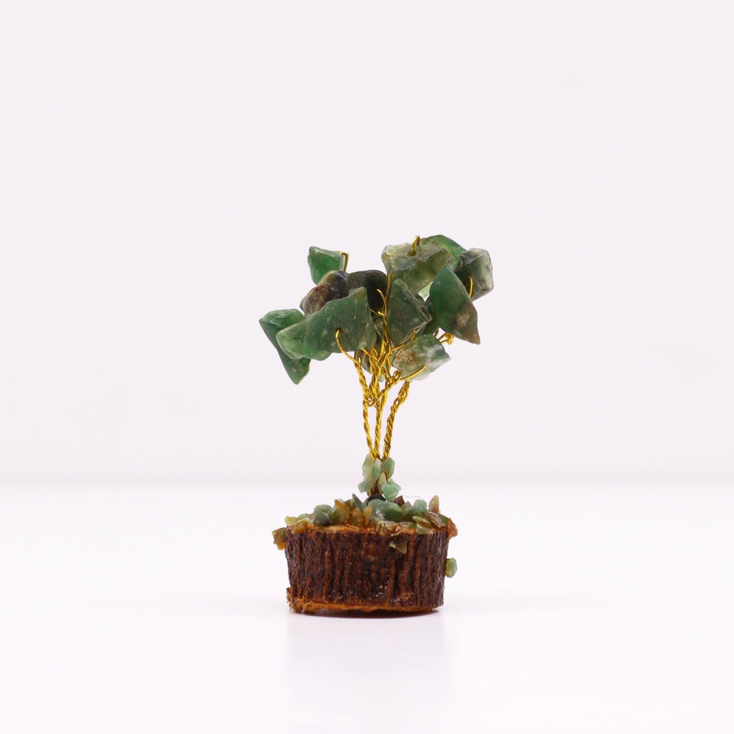 Alt Tag: Green Aventurine Gemstone Tree – 6CM, 15 Stones, mini wire tree with green stones on rustic wood base