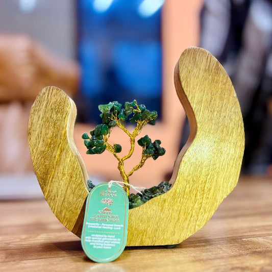 Green Aventurine Gemstone Tree – Mango Wood, 60 Chips on mango wood base with green aventurine chip leaves and gold wire branches