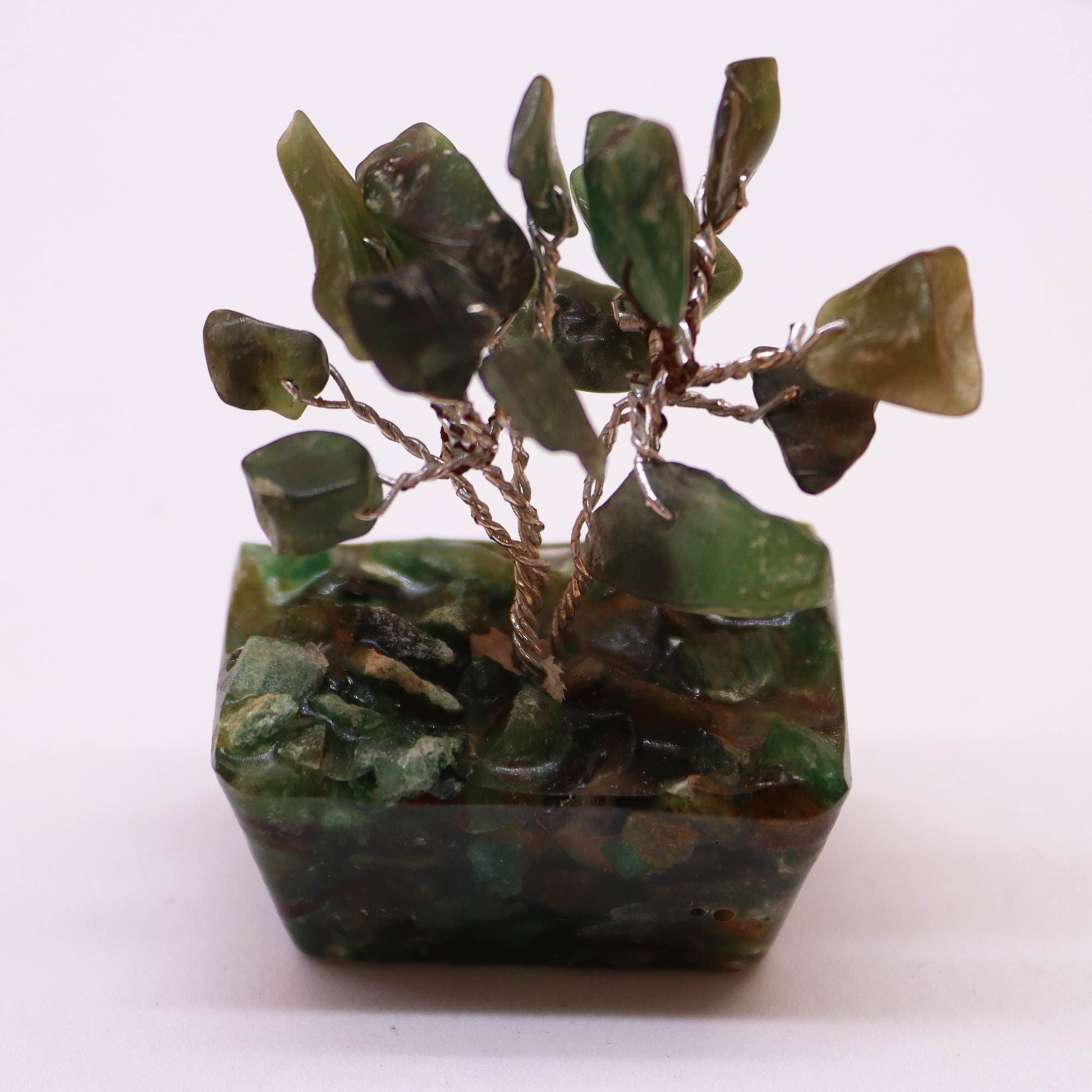 Green Aventurine Mini Gemstone Tree – 15 Stones with orgonite base, mini green crystal tree decor on white background