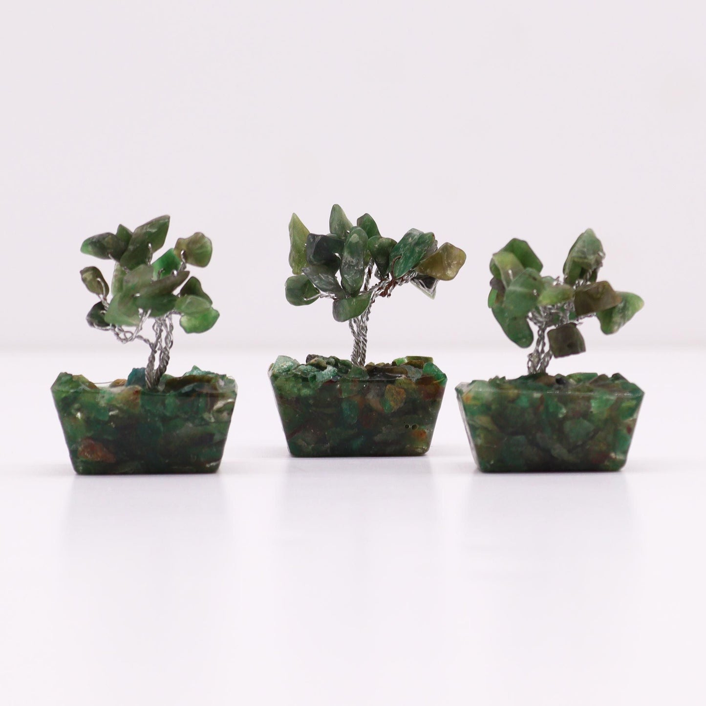 Alt Tag: Green Aventurine Mini Gemstone Tree – 15 Stones, mini gemstone trees with orgonite base and green aventurine chip leaves