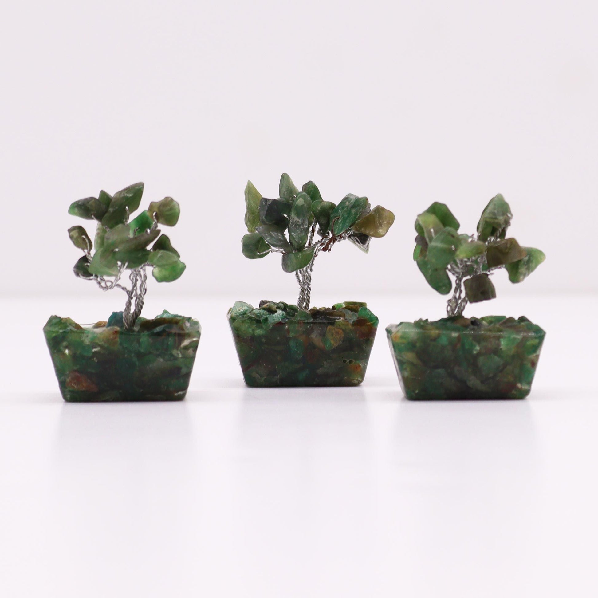 Alt Tag: Green Aventurine Mini Gemstone Tree – 15 Stones, mini gemstone trees with orgonite base and green aventurine chip leaves
