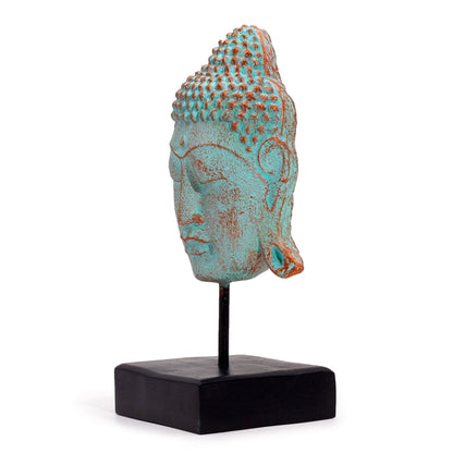 Alt Tag: Green Copper Serenity Buddha Statue – 33x18x18 CM, cabeza de Buda con acabado verde cobre sobre base negra decorativa
