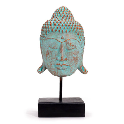 Green Copper Serenity Buddha Statue – 33x18x18 CM serene Buddha head decor with green copper finish on black stand