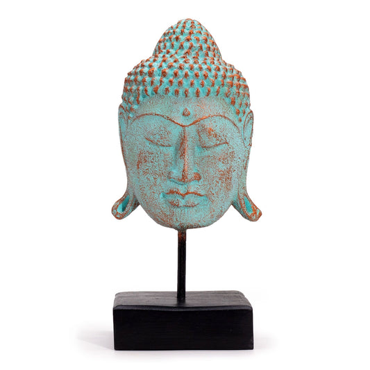 Green Copper Serenity Buddha Statue – 33x18x18 CM serene Buddha head decor with green copper finish on black stand