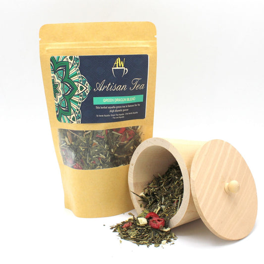 Green Dragon Blend Artisan Tea – 50G bolsa de té artesanal con hojas sueltas y tarro de madera, mezcla de té verde Sencha y Lung Ching