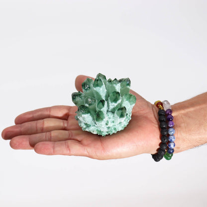 Green Ghost Quartz Geode – 250-300G 8CM held in hand, green crystal cluster with natural formations on white background