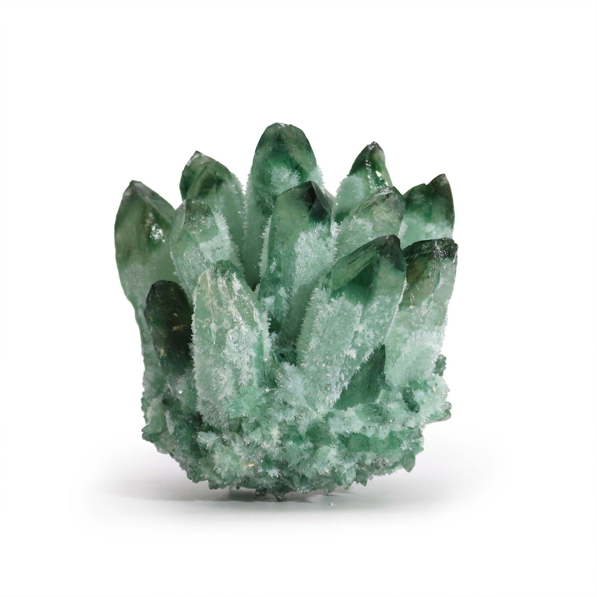 Alt Tag: Green Ghost Quartz Geode – 250-300G 8CM green quartz crystal geode cluster with pointed formations on white background