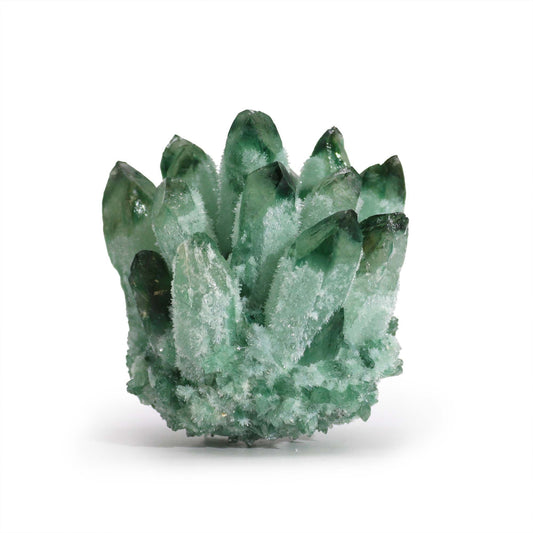 Alt Tag: Green Ghost Quartz Geode – 250-300G 8CM green quartz crystal geode cluster with pointed formations on white background