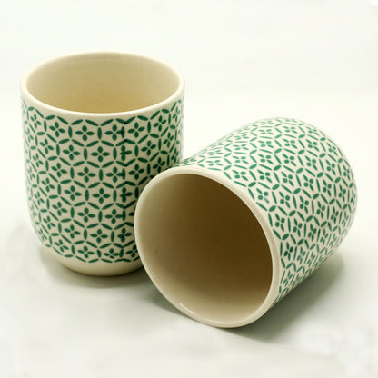 Alt Tag: Green Mosaic Ceramic Tea Cups – Set of 6, 190ML ceramic tea cups with green mosaic pattern, two cups shown on white background