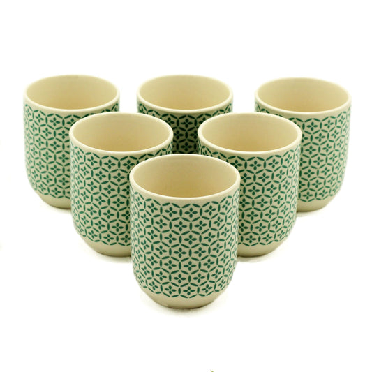 Green Mosaic Ceramic Tea Cups – Set of 6, 190ML ceramic tea cups with green mosaic pattern, 190ml capacity