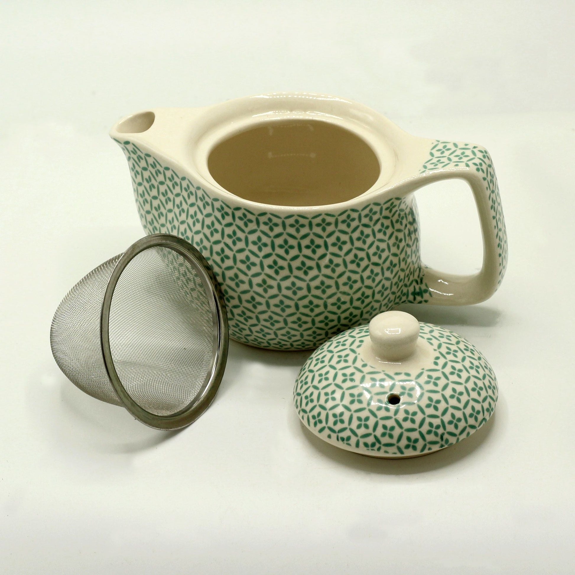 Alt Tag: Green Mosaic Herbal Teapot – 350ML ceramic teapot with green mosaic pattern, lid and metal mesh infuser on white background