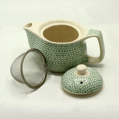 Alt Tag: Green Mosaic Herbal Teapot – 350ML ceramic teapot with green mosaic pattern, lid and metal mesh infuser on white background