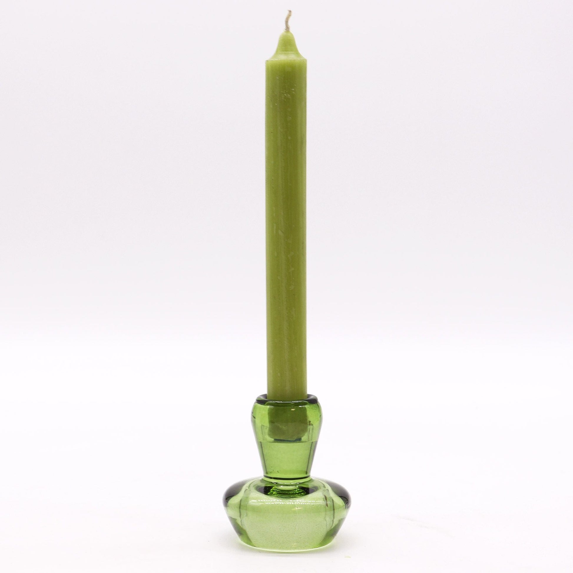 Pressed Glass Mushroom Flip Candle Holders – Set of 2 shown with green taper candle in pressed glass holder, tabletop decor