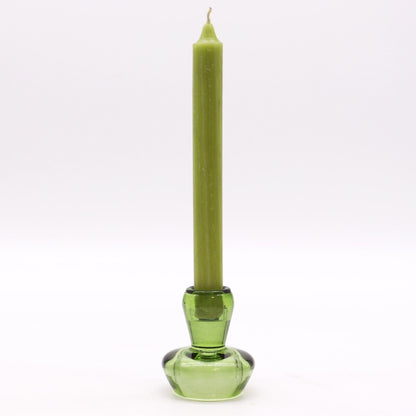 Pressed Glass Mushroom Flip Candle Holders – Set of 2 shown with green taper candle in pressed glass holder, tabletop decor