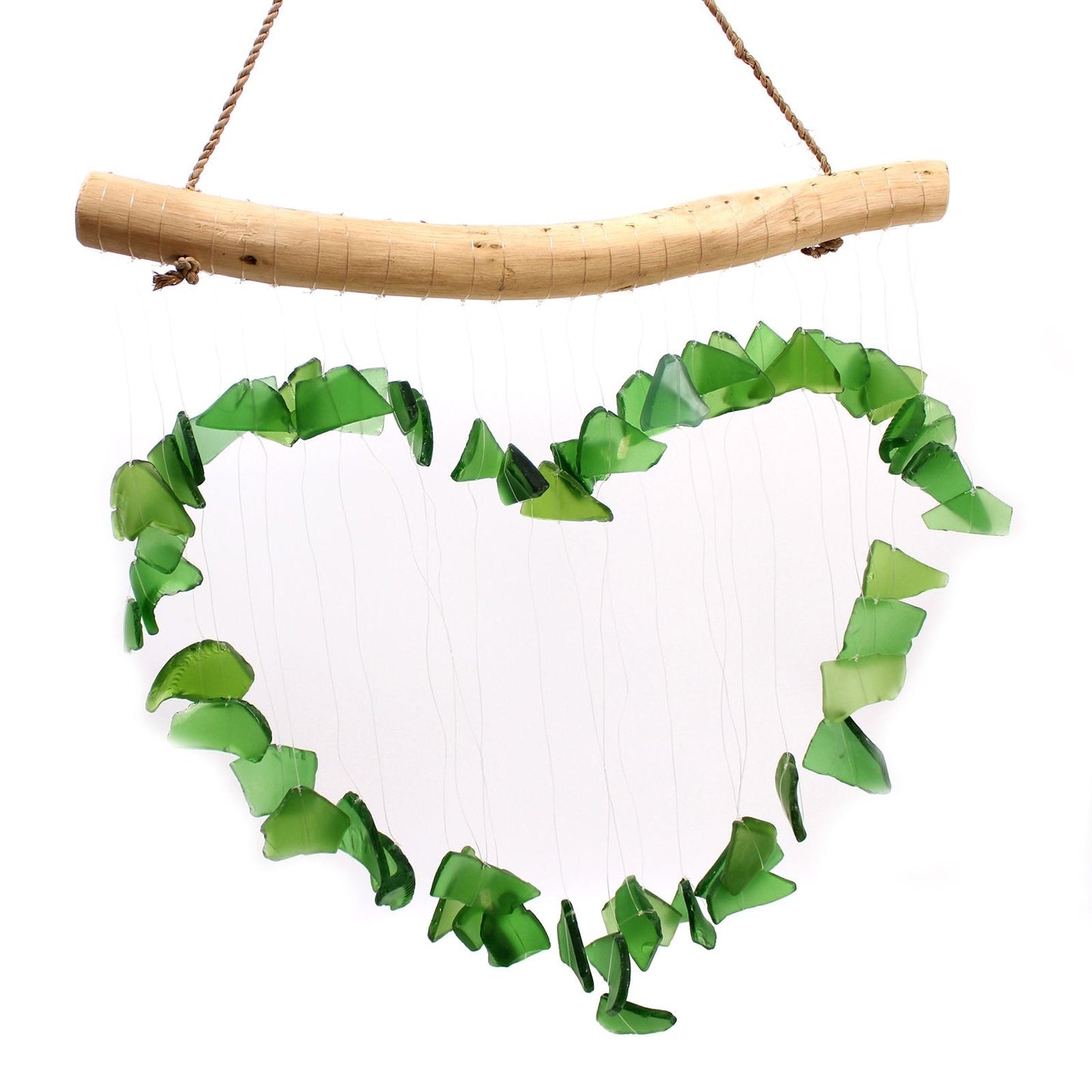 Alt Tag: Green Recycled Glass Wind Chimes – 30x60 CM heart-shaped green recycled glass strands with driftwood hanger