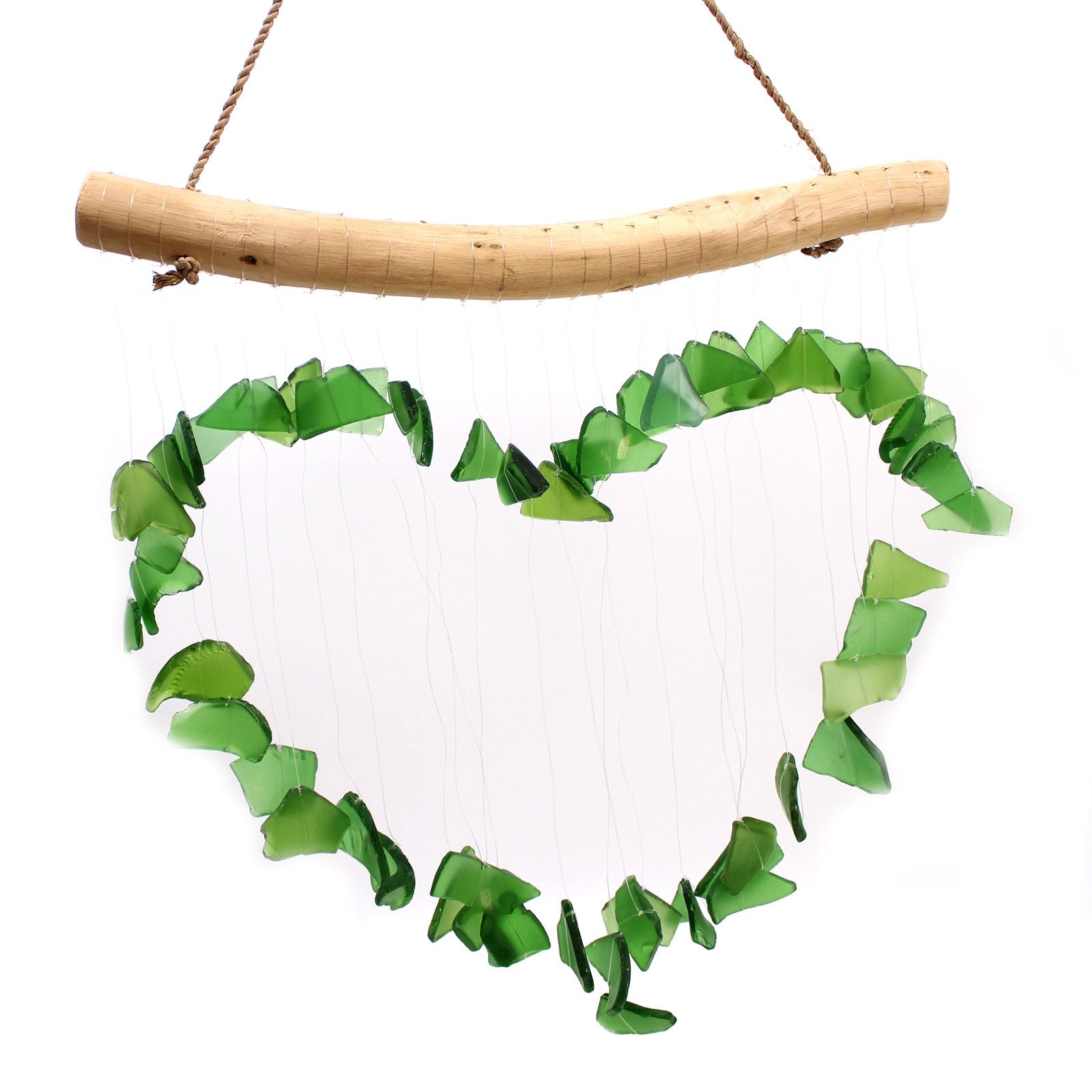 Alt Tag: Green Recycled Glass Wind Chimes – 30x60 CM heart-shaped green recycled glass strands with driftwood hanger