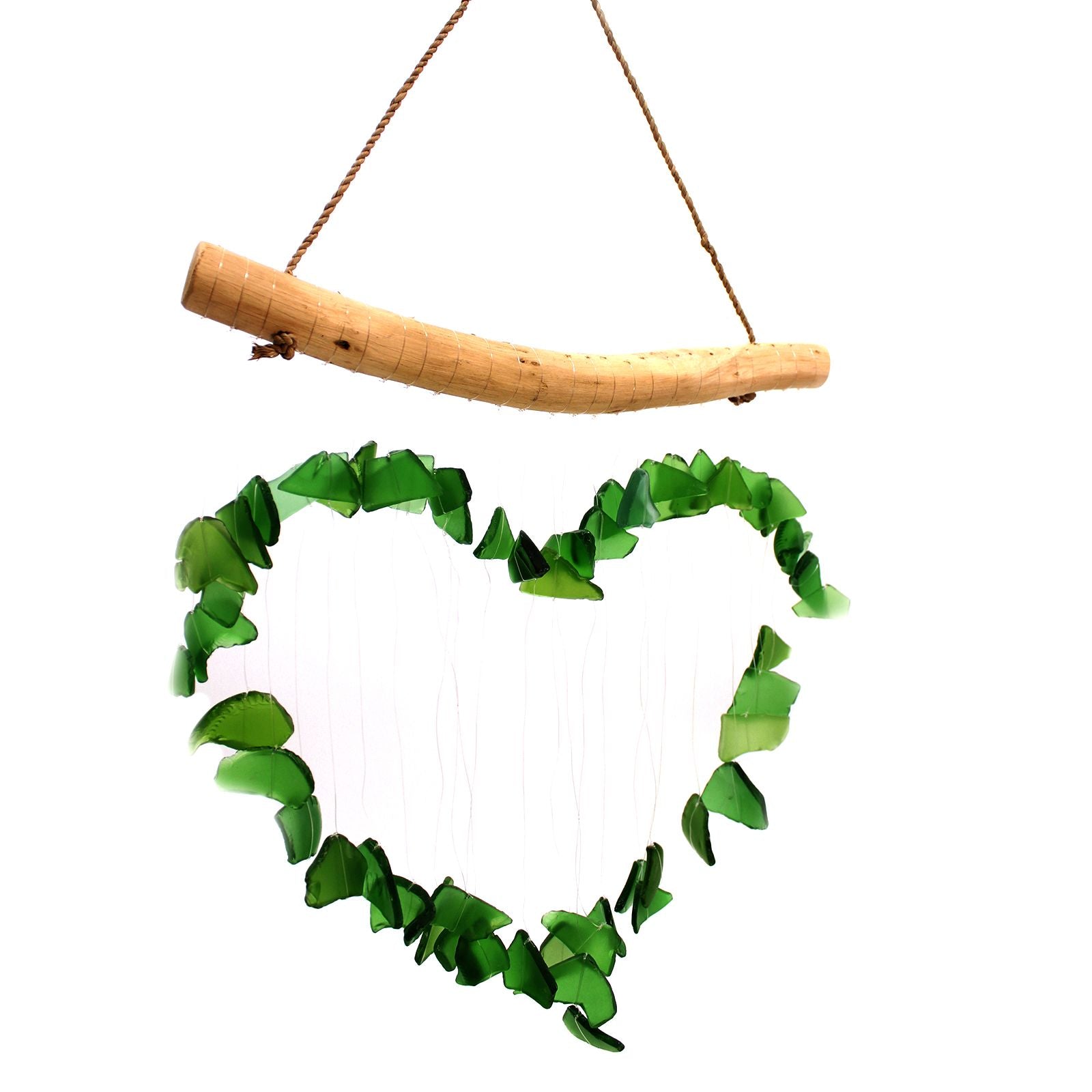 Green Recycled Glass Wind Chimes – 30x60 CM heart-shaped green recycled glass wind chime with driftwood hanger, handmade in Indonesia