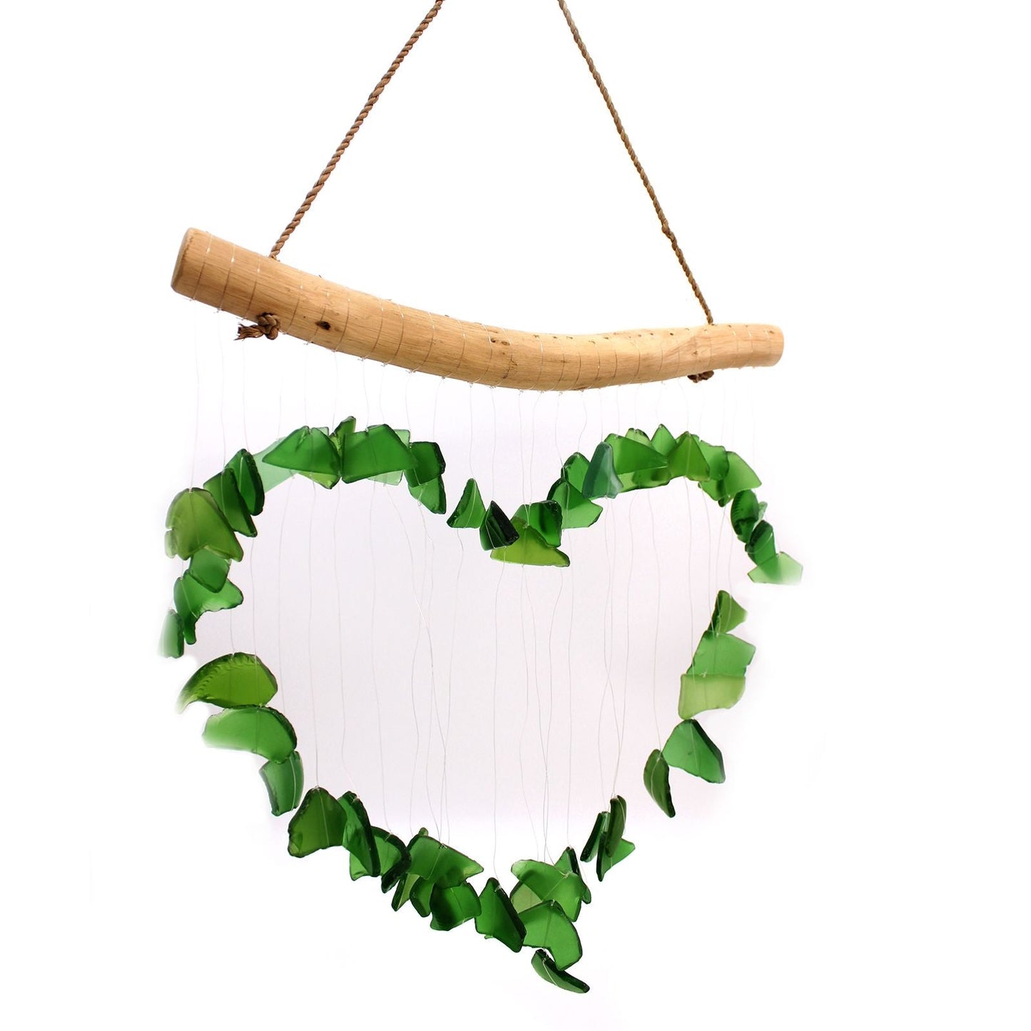 Alt Tag: Green Recycled Glass Wind Chimes – 30x60 CM with driftwood hanger and green recycled glass heart design