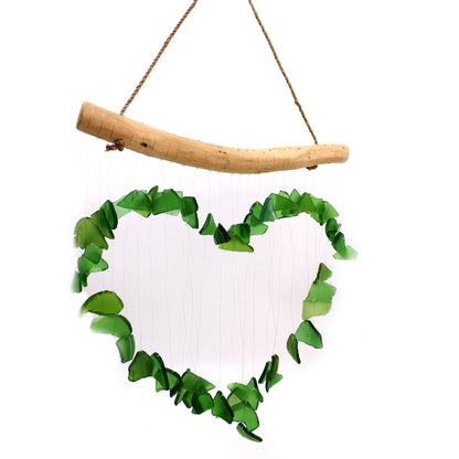 Alt Tag: Green Recycled Glass Wind Chimes – 30x60 CM with driftwood hanger and green recycled glass heart design