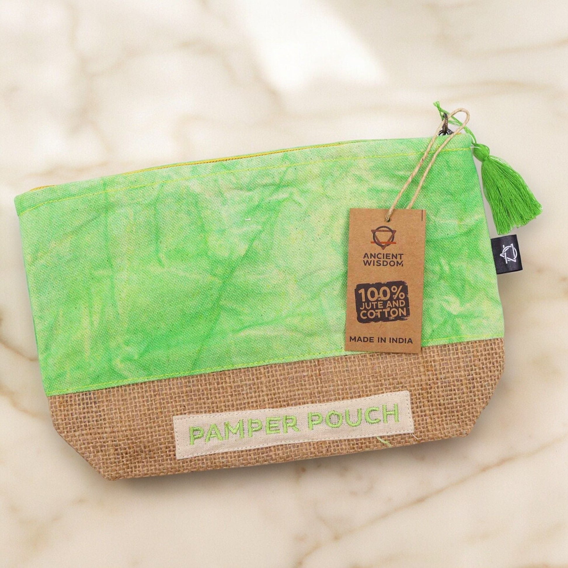 Green Stonewash Jute Pamper Pouch – Medium green and jute cosmetic pouch with zipper and tassel, 100% jute and cotton tag
