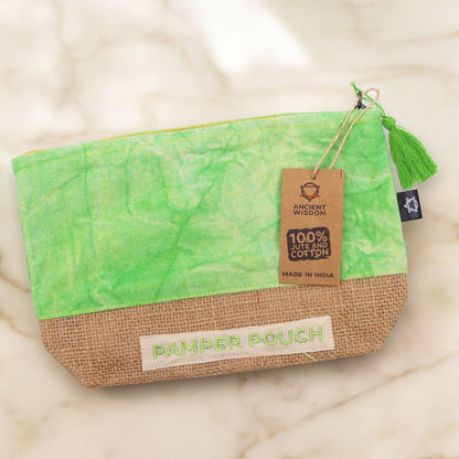 Green Stonewash Jute Pamper Pouch – Medium green and jute cosmetic pouch with zipper and tassel, 100% jute and cotton tag