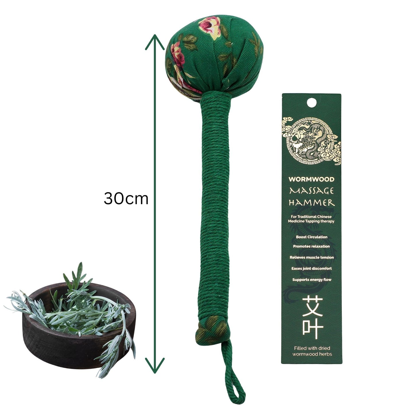 Martillo de masaje de artemisa verde – herramienta de madera, martillo de masaje de madera verde con relleno de artemisa, 30 cm, con etiqueta