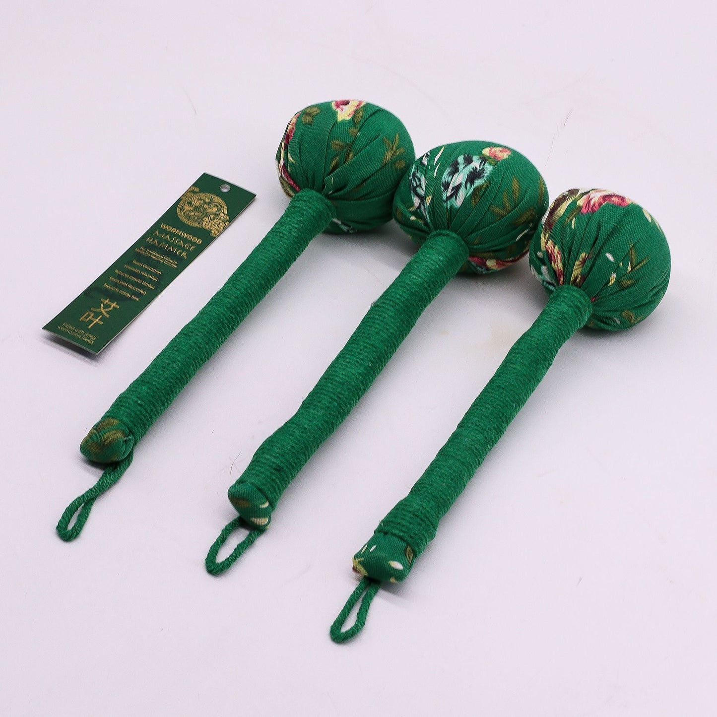 Martillo de masaje Green Wormwood – herramienta de madera, set de martillos de masaje de percusión de madera con relleno de hierbas verdes y cabezales de tela floral