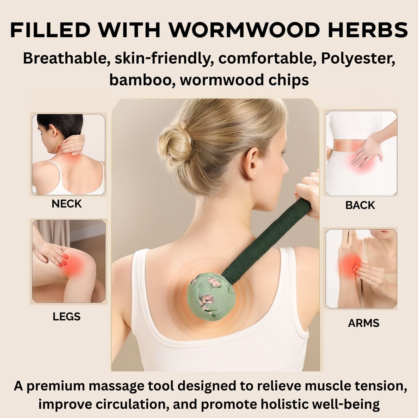 Martillo de masaje Green Wormwood – herramienta de madera para masaje de percusión rítmica en cuello, espalda, piernas y brazos, rellena con hierbas de ajenjo verde