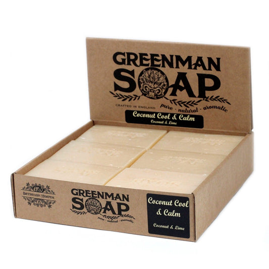 Alt Tag: Coconut Cool & Calm Soap – 100G en caja exhibidora Greenman Soap, barras de jabón natural con coco y lima
