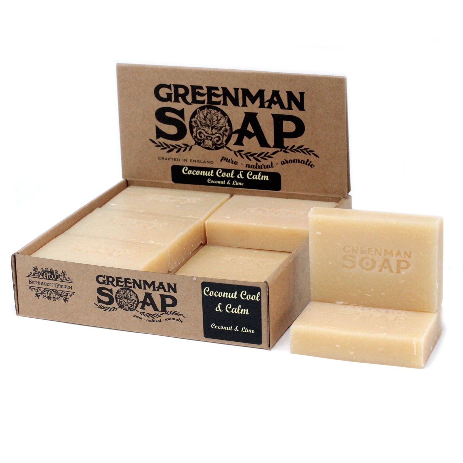 Alt Tag: Coconut Cool & Calm Soap – 100G coconut & lime natural nourishing soap bars in Greenman Soap cardboard box