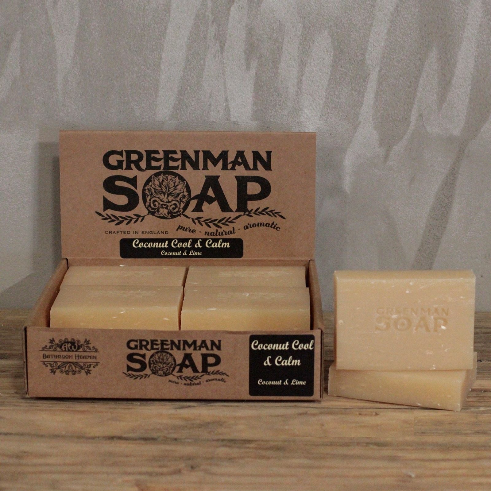 Alt Tag: Coconut Cool & Calm Soap – 100G bar soap with coconut & lime scent, displayed in Greenman Soap box packaging