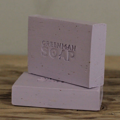 Alt Tag: Lavender & Geranium Night Soap – 100G Greenman Soap bar, lavender-colored natural botanical soap, 100g