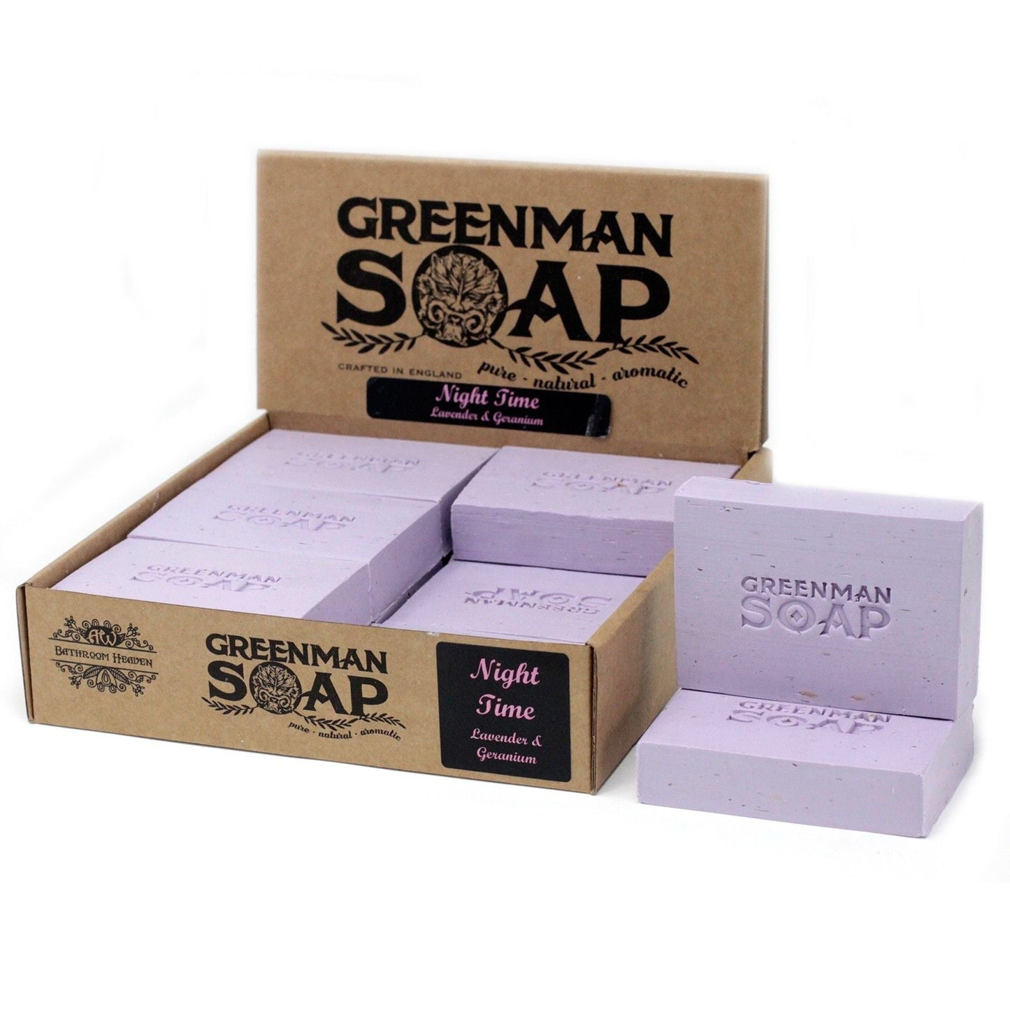 Lavender & Geranium Night Soap – 100G, Greenman Soap night time lavender and geranium soap bars in display box