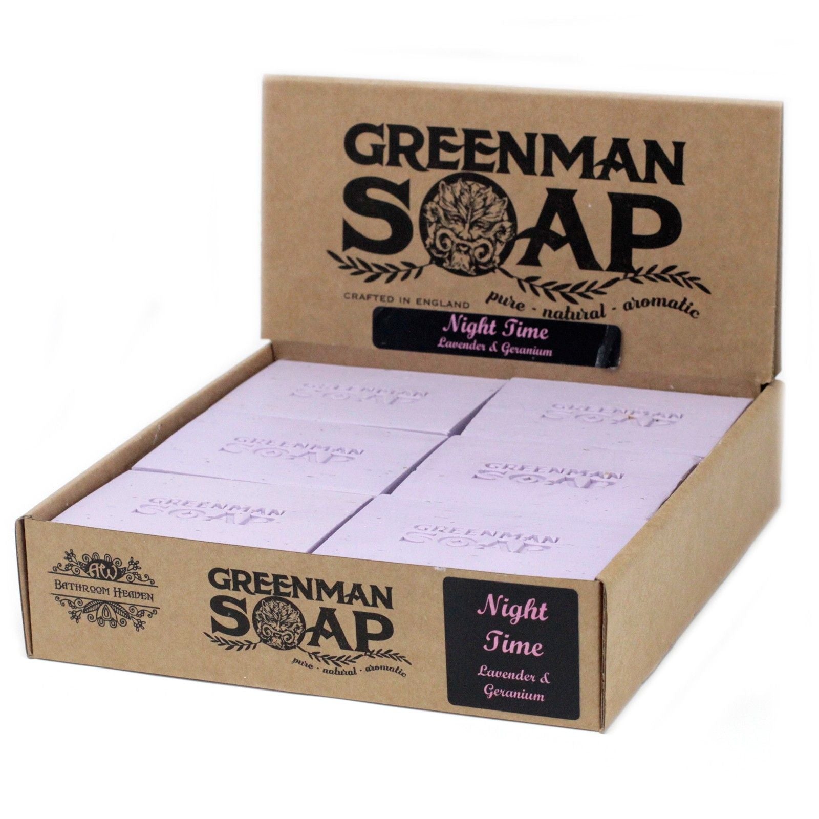 Lavender & Geranium Night Soap – 100G Greenman Soap Night Time display box with lavender soap bars, crafted in England
