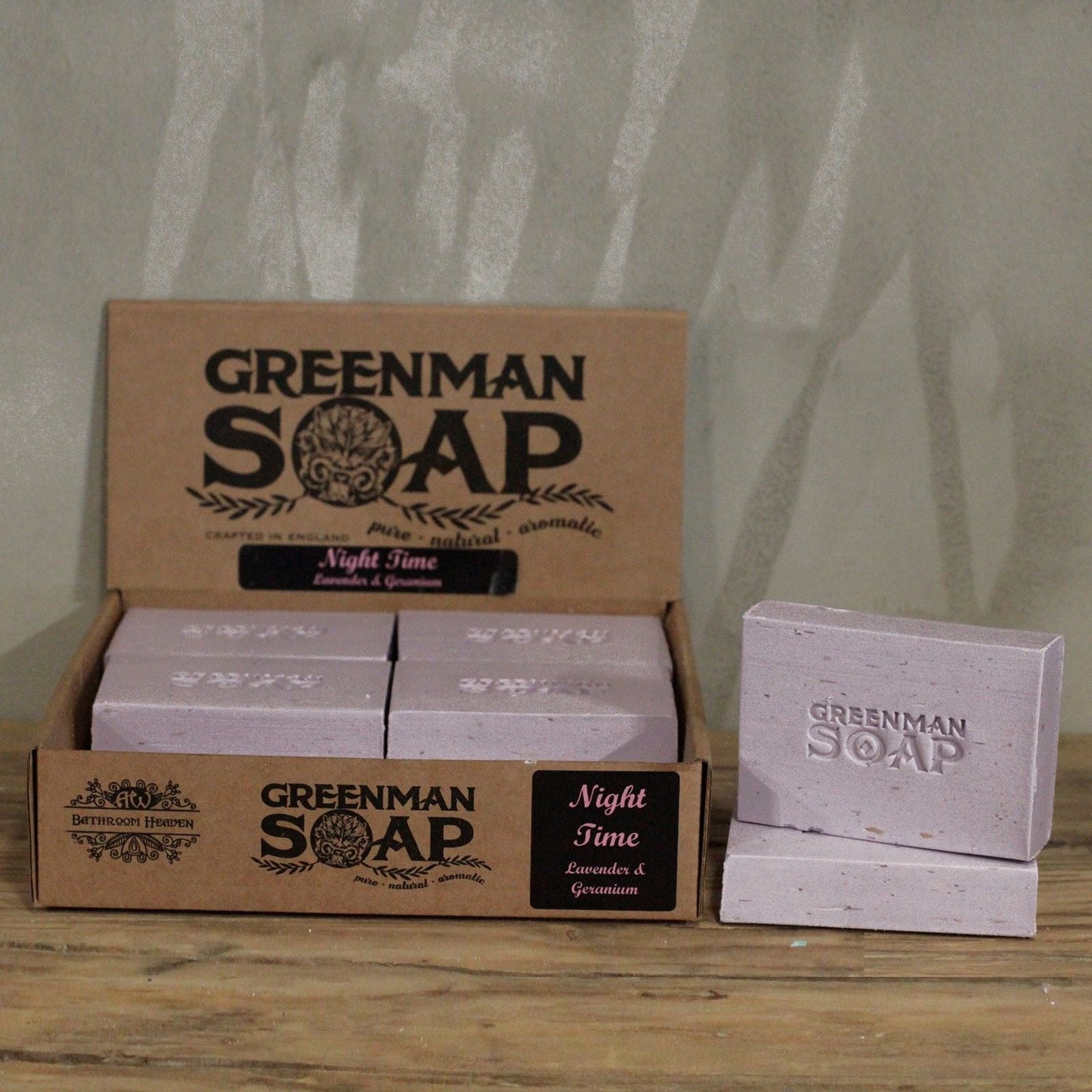Lavender & Geranium Night Soap – 100G Greenman Soap natural botanical bar soap in display box with packaged bars