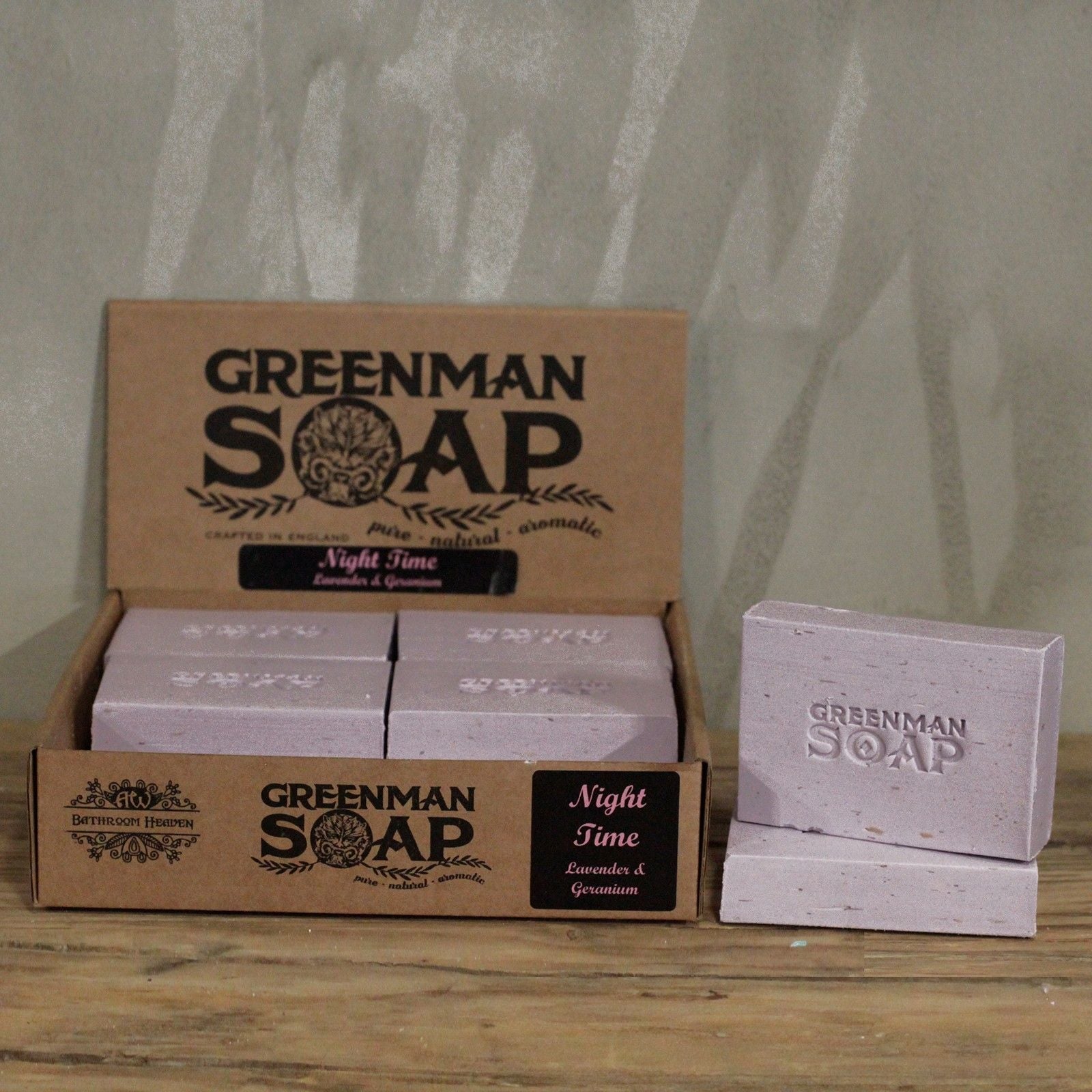 Lavender & Geranium Night Soap – 100G Greenman Soap natural botanical bar soap in display box with packaged bars