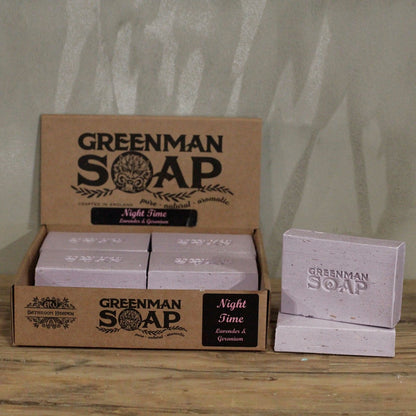 Lavender & Geranium Night Soap – 100G Greenman Soap natural botanical bar soap in display box with packaged bars