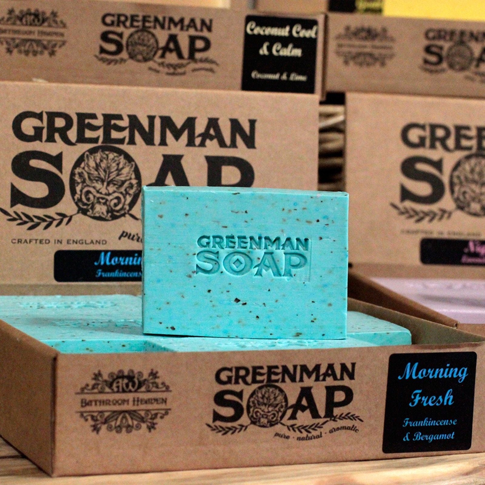 Alt Tag: Morning Fresh Soap Bar – 100G Greenman Soap handmade blue bar with frankincense and bergamot scent in branded packaging