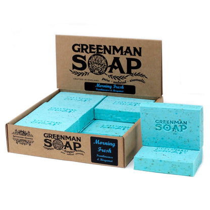 Morning Fresh Soap Bar – 100G handcrafted soap with frankincense and bergamot scent, Greenman Soap turquoise bars in branded display box