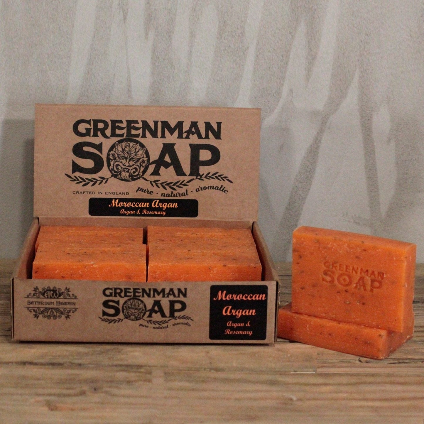 Alt Tag: Golden Argan Botanical Soap – 100G Greenman Soap bar display, handcrafted in England with argan and rosemary oils