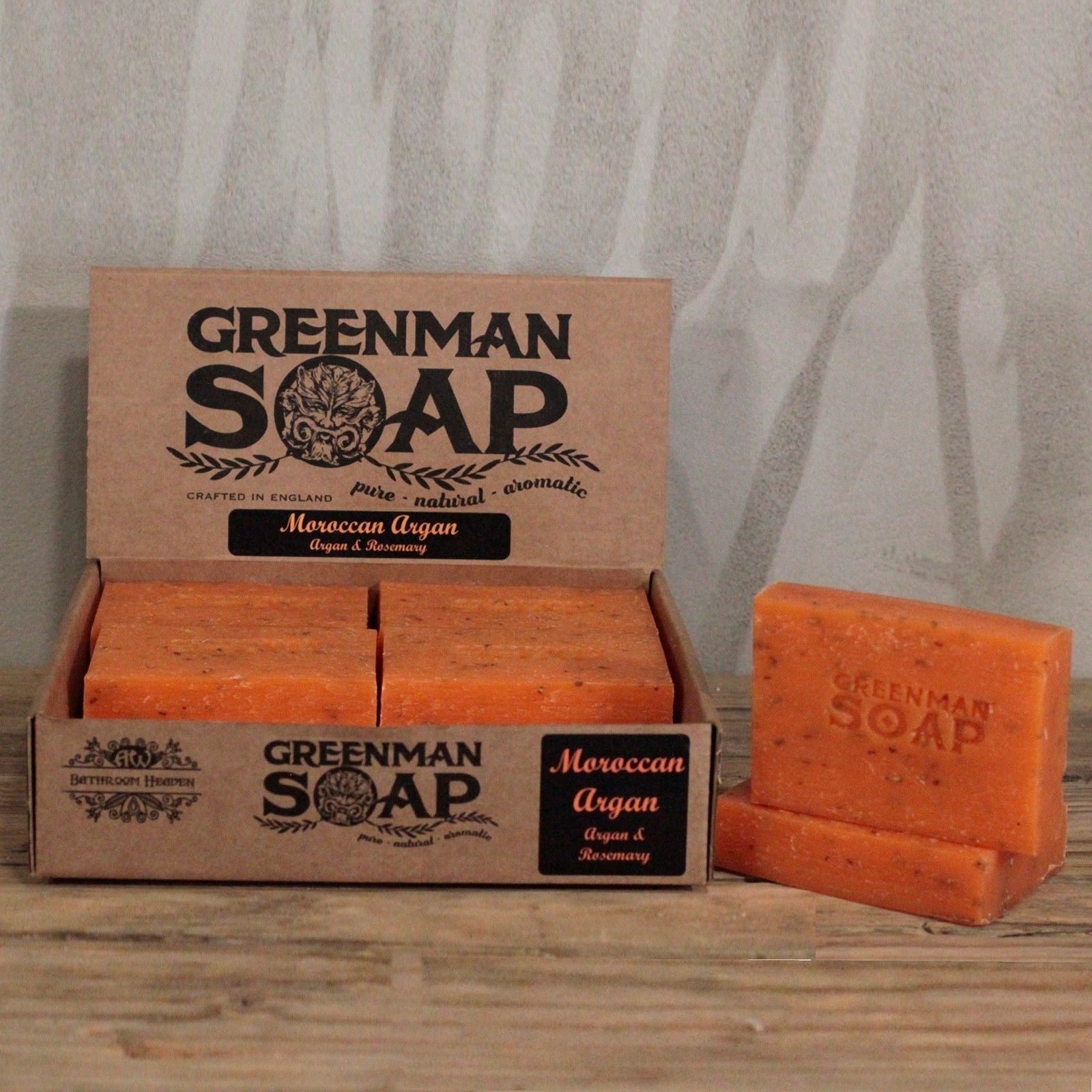 Alt Tag: Golden Argan Botanical Soap – 100G Greenman Soap bar display, handcrafted in England with argan and rosemary oils