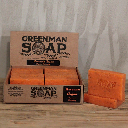 Alt Tag: Golden Argan Botanical Soap – 100G Greenman Soap bar display, handcrafted in England with argan and rosemary oils