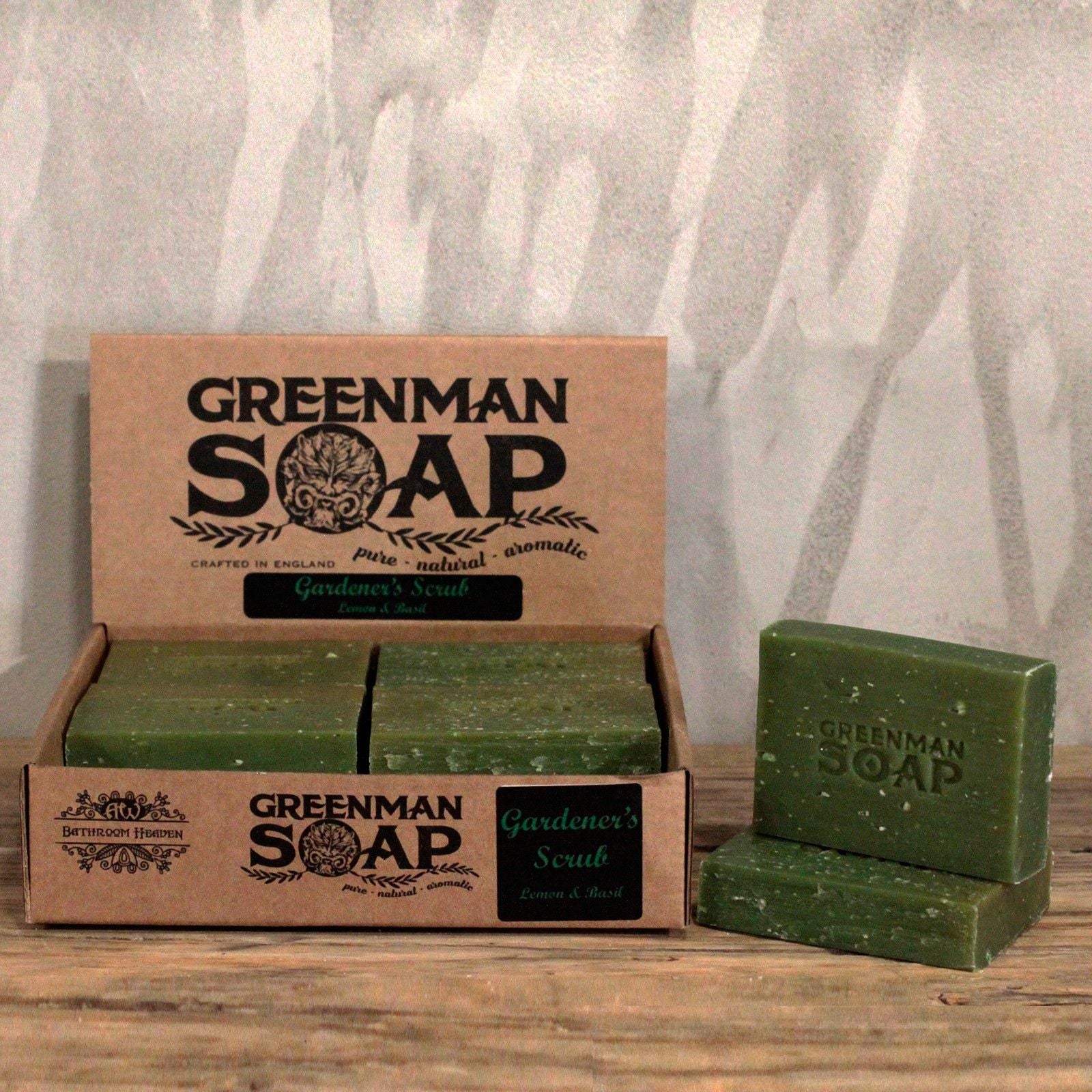 Natural Gardener’s Scrub Soap – 100G Lemon & Basil Greenman Soap barras en caja de cartón, jabón exfoliante con limón y albahaca
