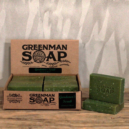 Natural Gardener’s Scrub Soap – 100G Lemon & Basil Greenman Soap barras en caja de cartón, jabón exfoliante con limón y albahaca