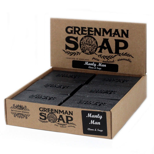Alt Tag: Natural Spicy Scent Greenman Soap – 100G Manly Man clove & sage activated charcoal artisanal soap bars in display box