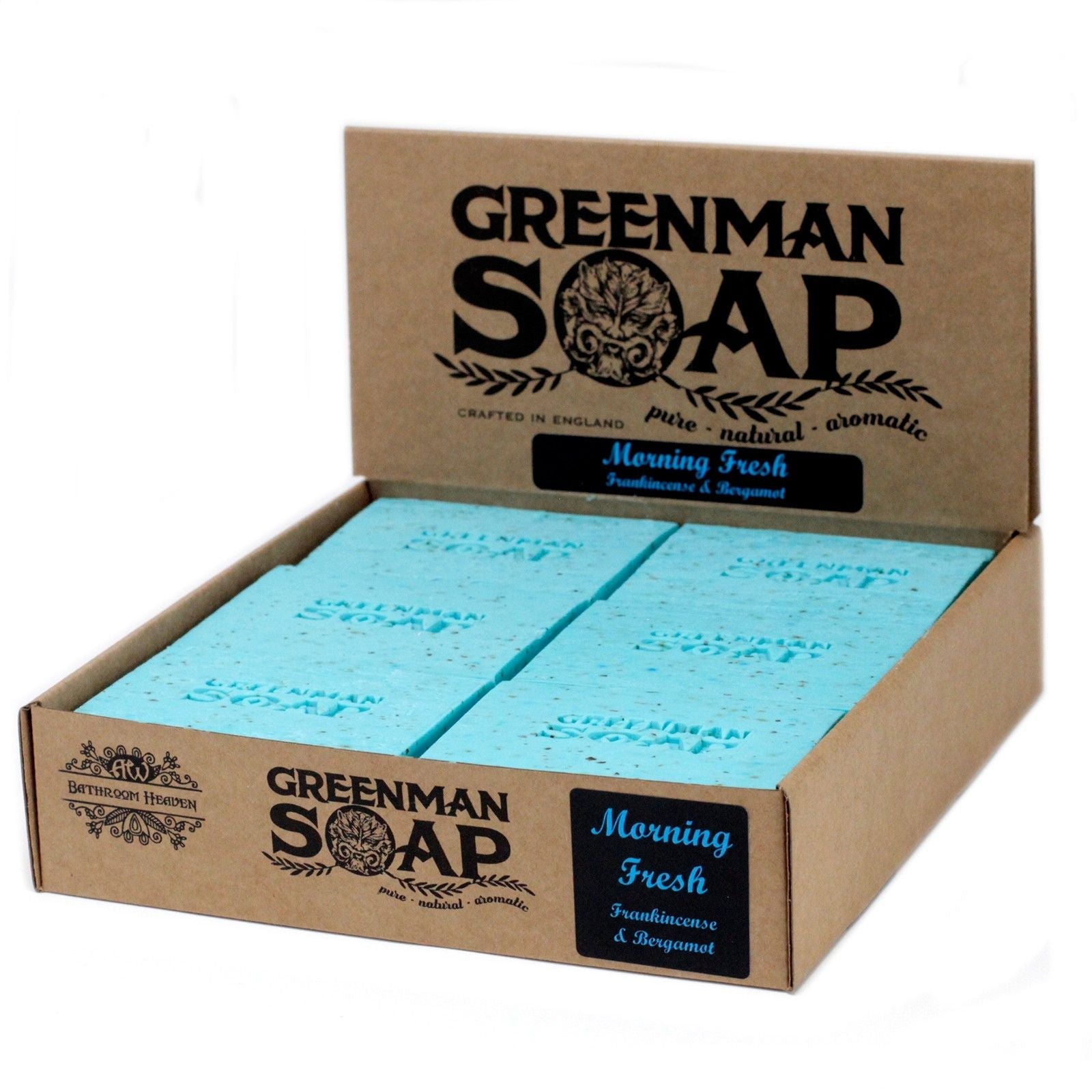Alt Tag: Morning Fresh Soap Bar – 100G Greenman Soap bars in cardboard display box, blue handcrafted soap with frankincense & bergamot