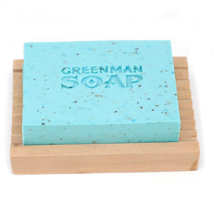 Alt Tag: Morning Fresh Soap Bar – 100G handcrafted soap bar by Greenman Soaps on wooden soap dish, blue with speckles