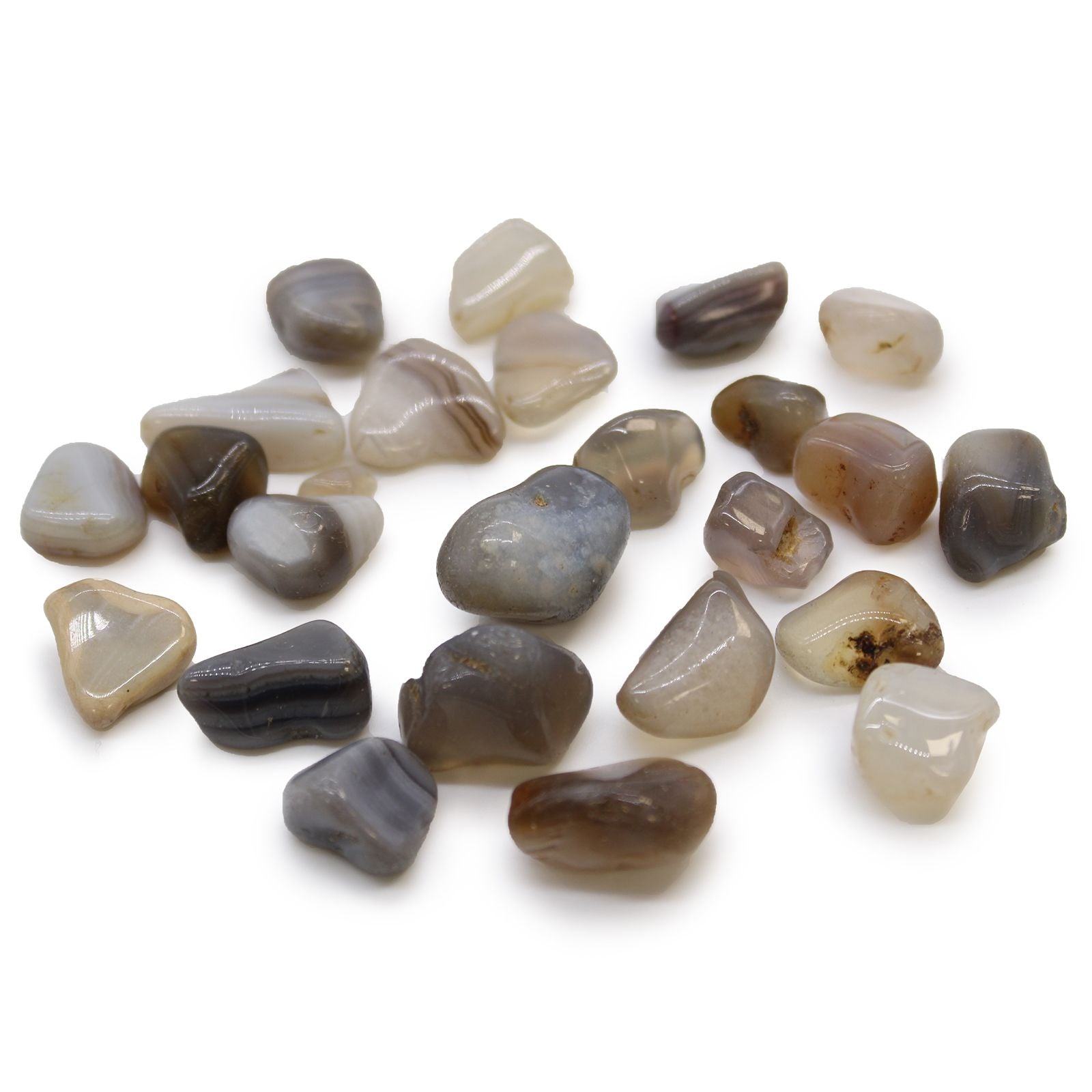 Alt Tag: Grey Agate Gemstone Bag – 24 Tumble Stones, polished grey agate tumbled stones set on white background