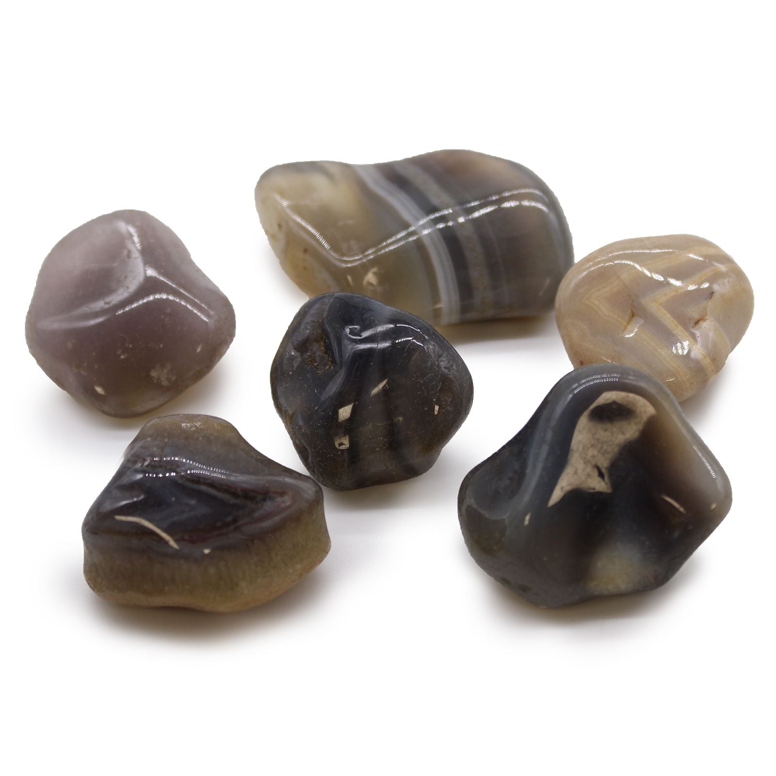 Alt Tag: Grey Agate Gemstone Tumble Stones – 6 Large Pieces, pulidas en tonos grises y marrones, piedras rodadas naturales sobre fondo blanco