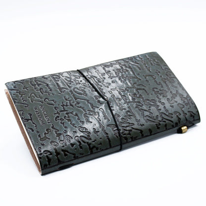 Grey Handmade Leather Journal – 80 Pages, grey embossed leather cover notebook with elastic strap, travel size 22x12 cm